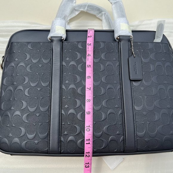 Coach NWT Logo Leather Midnight Navy SLIM Brief Case with Crossbody Strap - Picture 9 of 11